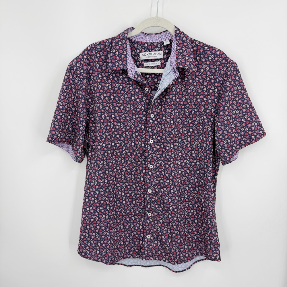 Nick Graham Everywhere Stretch modern fit‎ Button Down Shirt pink floral print L
